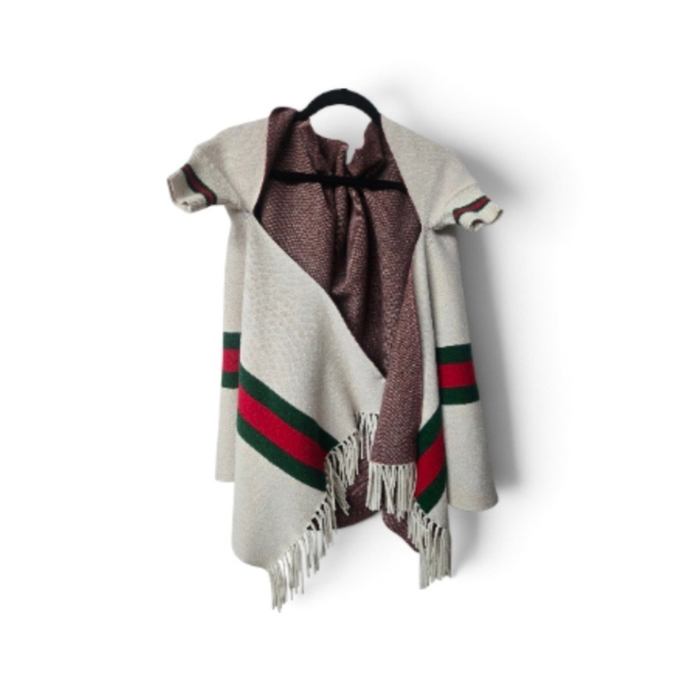 Cream Knit Poncho Wrap with Green and Red Stripes Fringe Hem and Sleeves